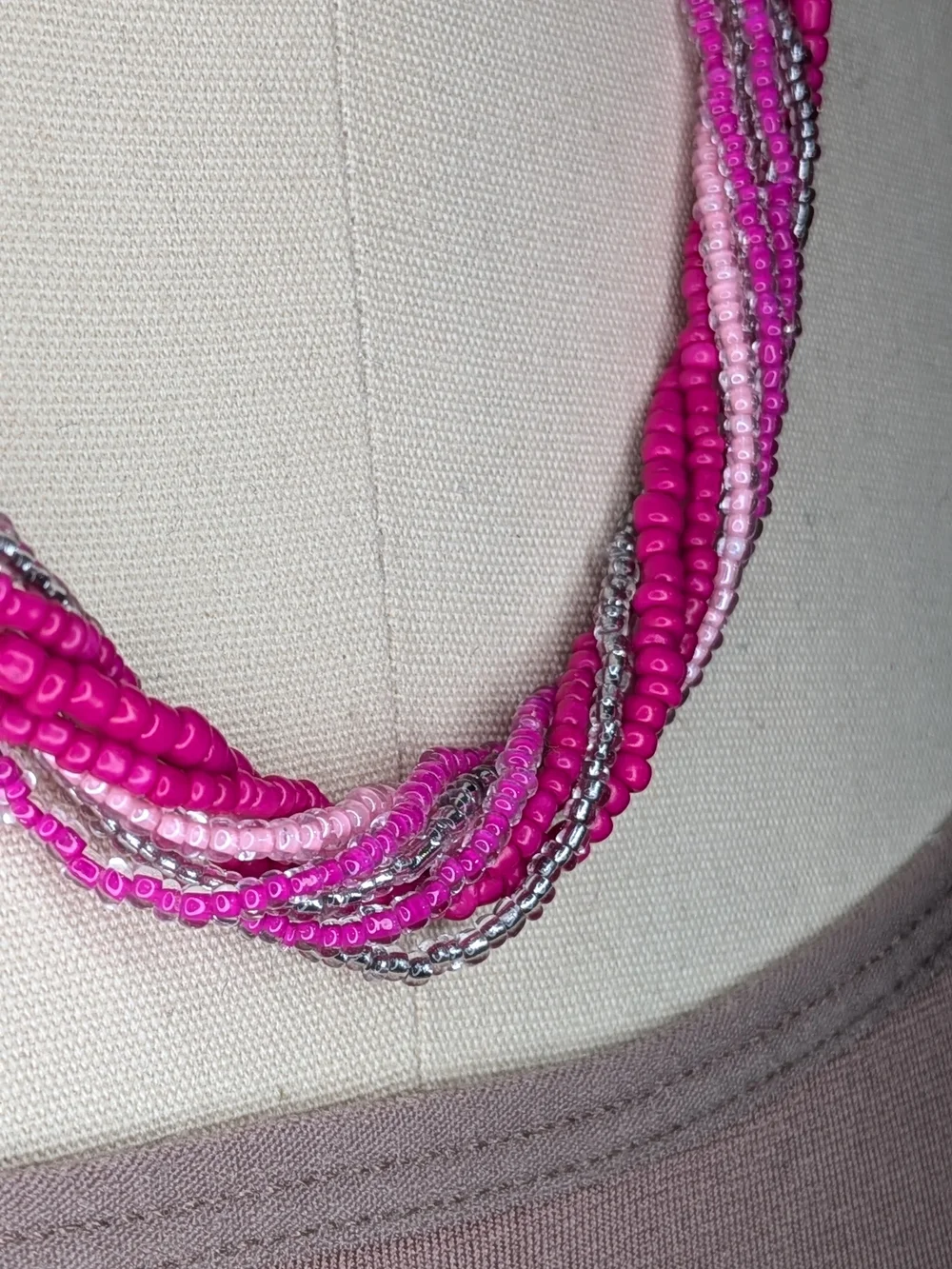 CORI Pink Silver Twisted Multi Strand Seed Bead Torsade Necklace Barbiecore